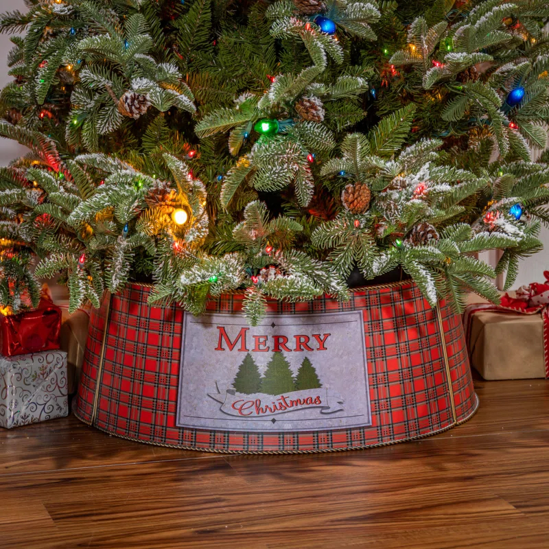 Gerson International Galvanized Metal Merry Christmas Buffalo Plaid Tree Collar
