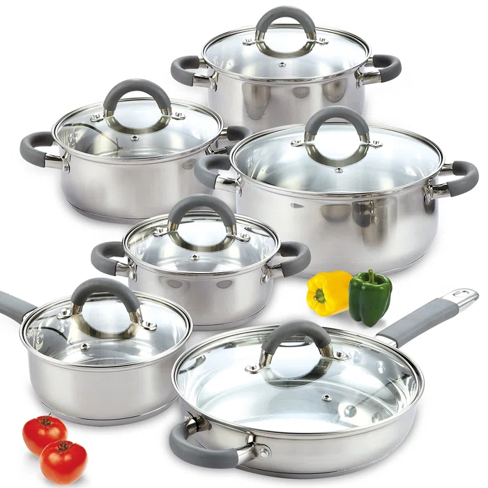 Cooks Standard 12 Piece Stainless Steel Cookware Set, Silicone Handle