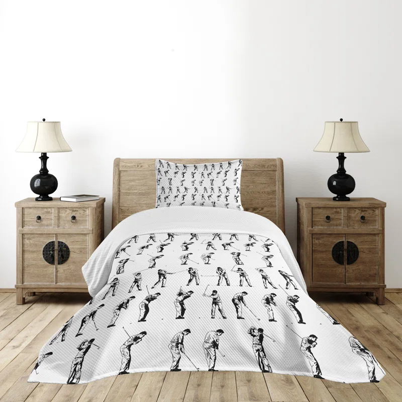 Ambesonne Golf Bedspread Set Golf Swing Hobby Play Black White