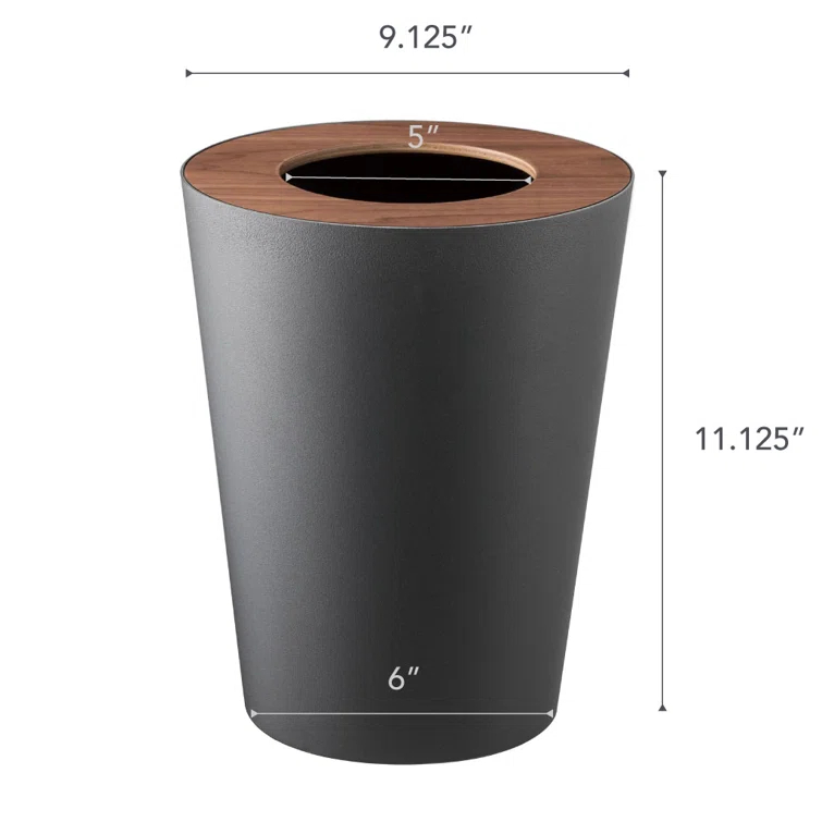 Rin Yamazaki Home Round Trash Can, 1.85 gallon Wastebasket Bathroom Kitchen Office, Steel + Wood