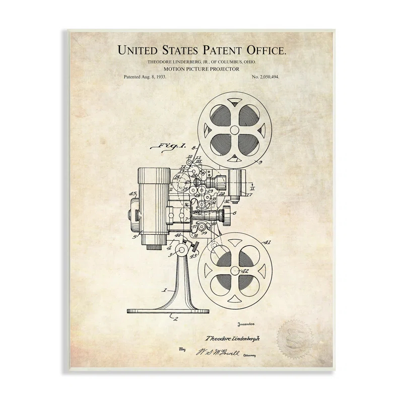 Stupell Industries " Motion Picture Projector Patent Design Blueprint Diagram " by Karl Hronek