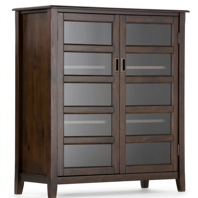 Simpli Home Burlington 40"W Solid Wood 4-Shelf Medium Storage Cabinet with Tempered Glass Doors and Adjustable Shelves
