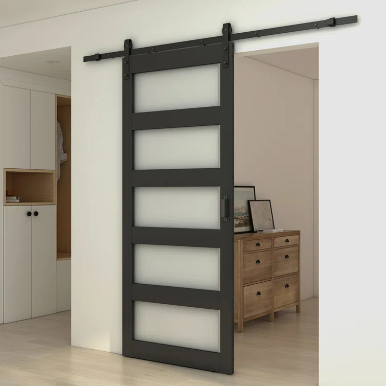 Calhome 5 Lite Tempered Frosted Glass Finished Composite Interior Sliding Barn Door with Hardware Kit