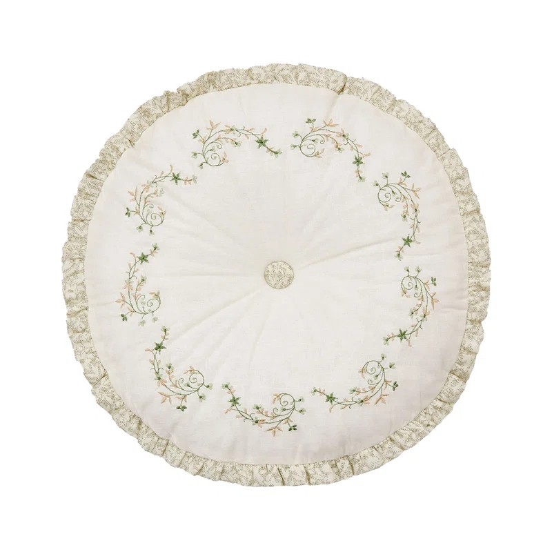 Modern Heirloom Harper Green Floral Embroidered Round Pillow