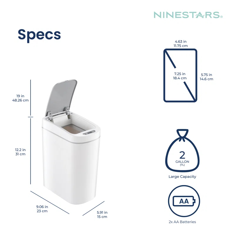 NineStars Ninestars Automatic Mothion Sensor ABS Slim Trash Can Combo set for Bathroom, 1.8Gal 7L each, 2 pack, White, DZT-7-2B