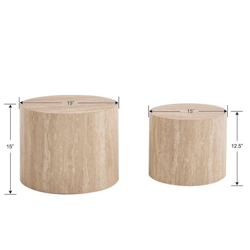 Latitude Run® Set of 2 Modern Round Wood Nesting Coffee Table Circle Travertine End Side Table Sets
