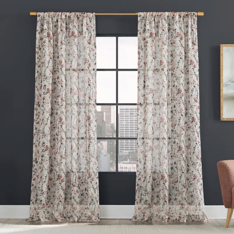 Scott Living Jessa Linen Blend Floral Semi-Sheer Rod Pocket Single Curtain Panel & Reviews | Wayfair