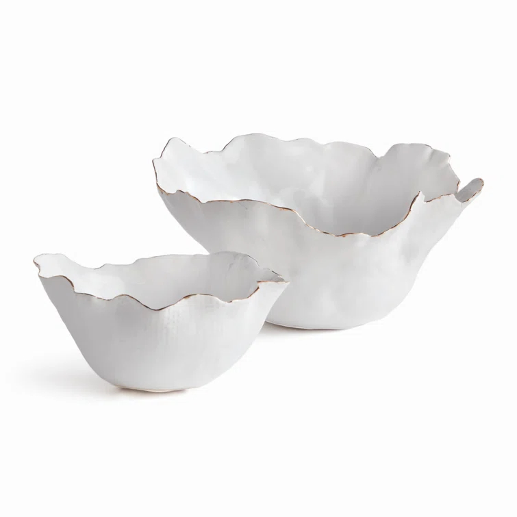 Handcrafted White Ceramic Decorative Bowl Set with Gold Edges