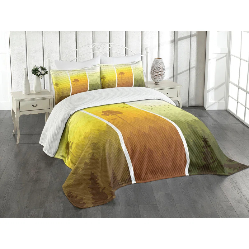 Ambesonne Forest Bedspread Set Hills Trees and Birds Green Orange Yellow