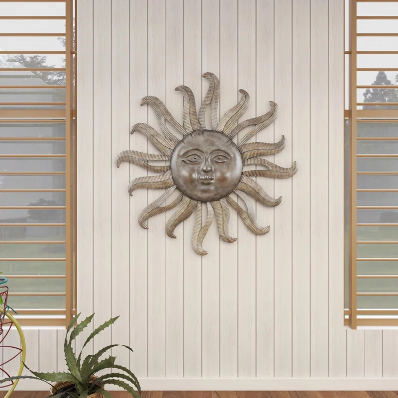 Metal Indoor Outdoor Face Sun Gray Wall Decor with Ribbed Detailing