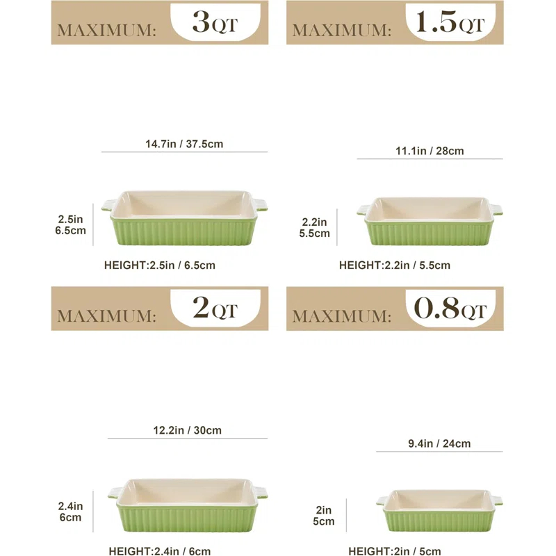 Adeco Trading Casserole Dishes For Oven, Porcelain Baking Dishes, Ceramic Bakeware Sets Of 4, Rectangular Lasagna Pans Deep With Handles For Baking Kitchen,  (9.4"/11.1"/12.2"/14.7"),