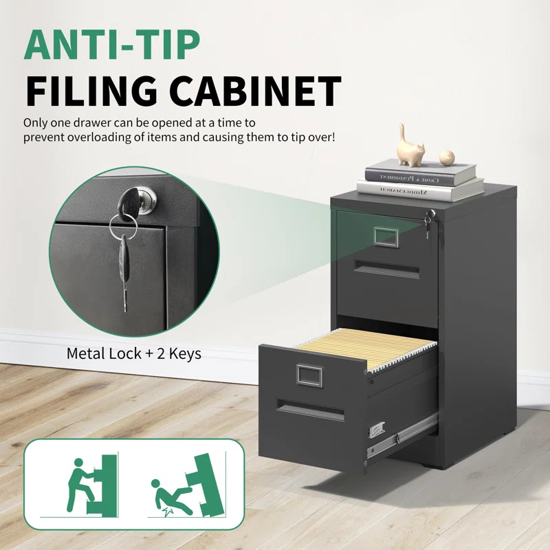 2 Drawer Metal Vertical File Cabinet with Lock for Home Office, A4/Letter/Legal Size, Assembly Required