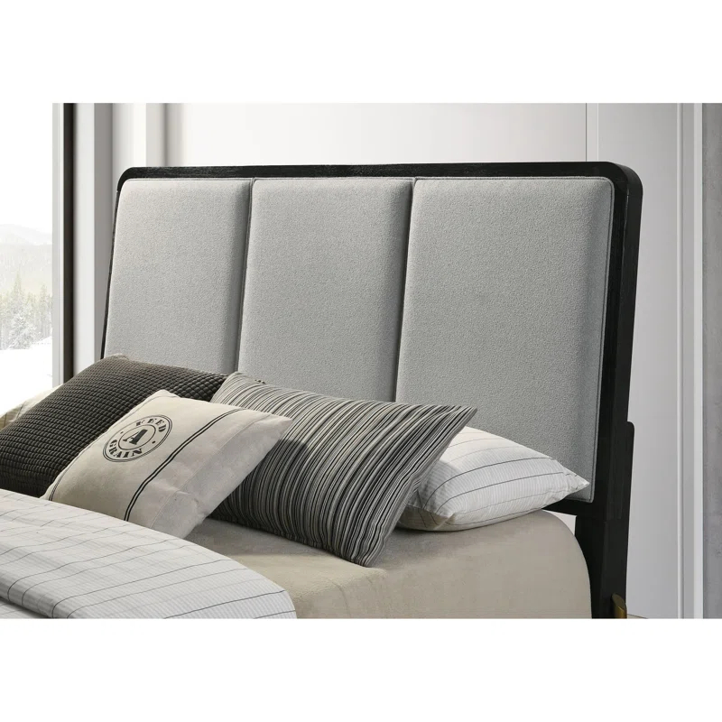 Benjara Fij Bed, 3 Block Panel Headboard, Slim Legs
