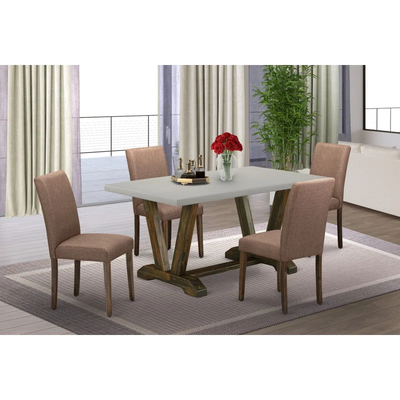 Red Barrel Studio® 5-Piece Dining Table Set Includes a Cement Wood Table and 4 Light Sable Linen Fabric Padded Chairs - Distressed Jacobean Finish