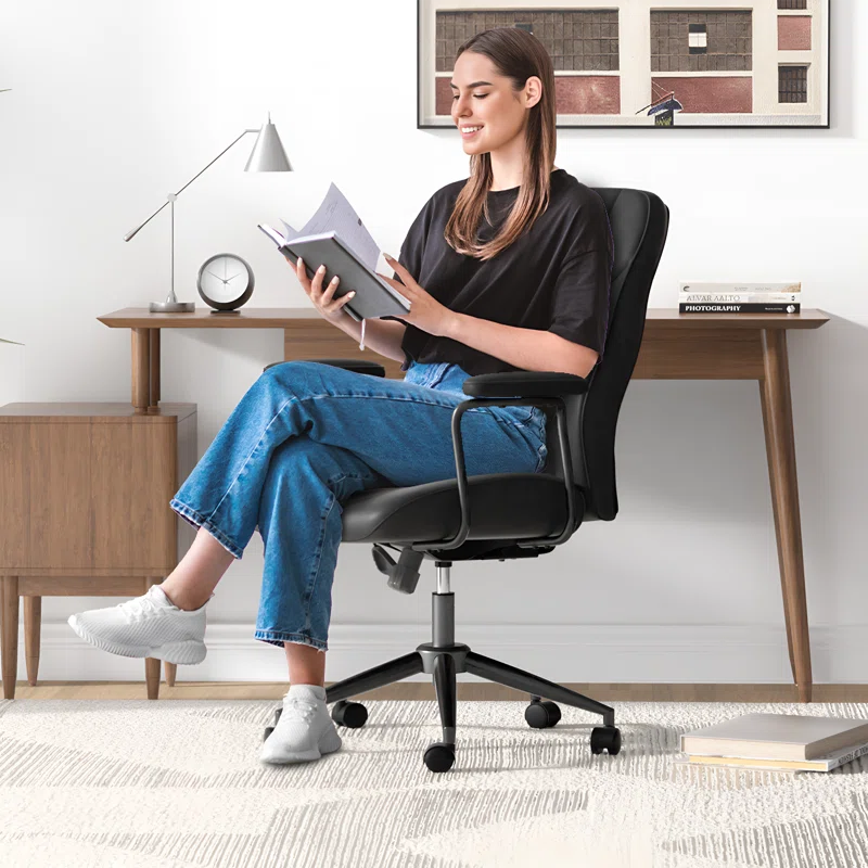 Mid Century Modern Office Chair, Vintage Leather Desk Chair With Wheels and Arms, Home Office Task Chair