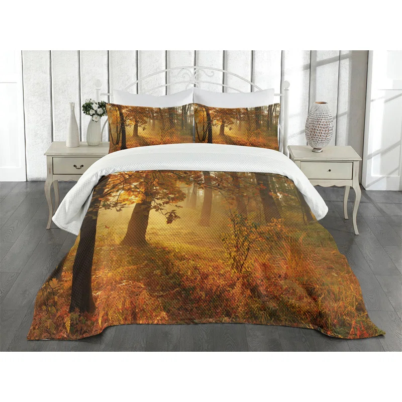 Ambesonne Ambesonne Fall Bedspread Set Misty Autumnal Forest Orange Brown Green