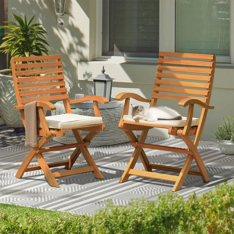 ZILNOX Patio Chairs Set of 2, Wood Folding Armchairs with Cushions, 400lbs Capacity, Foldable and Space-Saving Design, Brown
