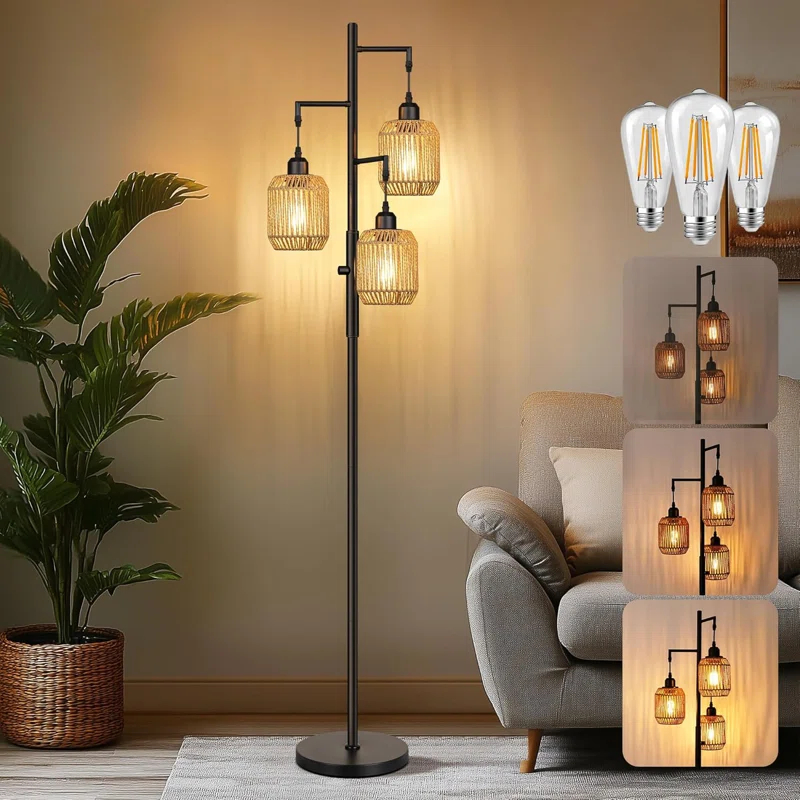 Breakwater Bay Dimmable Boho Floor Lamp - 3 Light Farmhouse Rattan Floor Lamp For Living Room, Industrial Tree Floor Lamps With 3 X 6W LED Bulbs, Rustic Standing Tall Lamp For Bedroom, 68", Black + Gray
