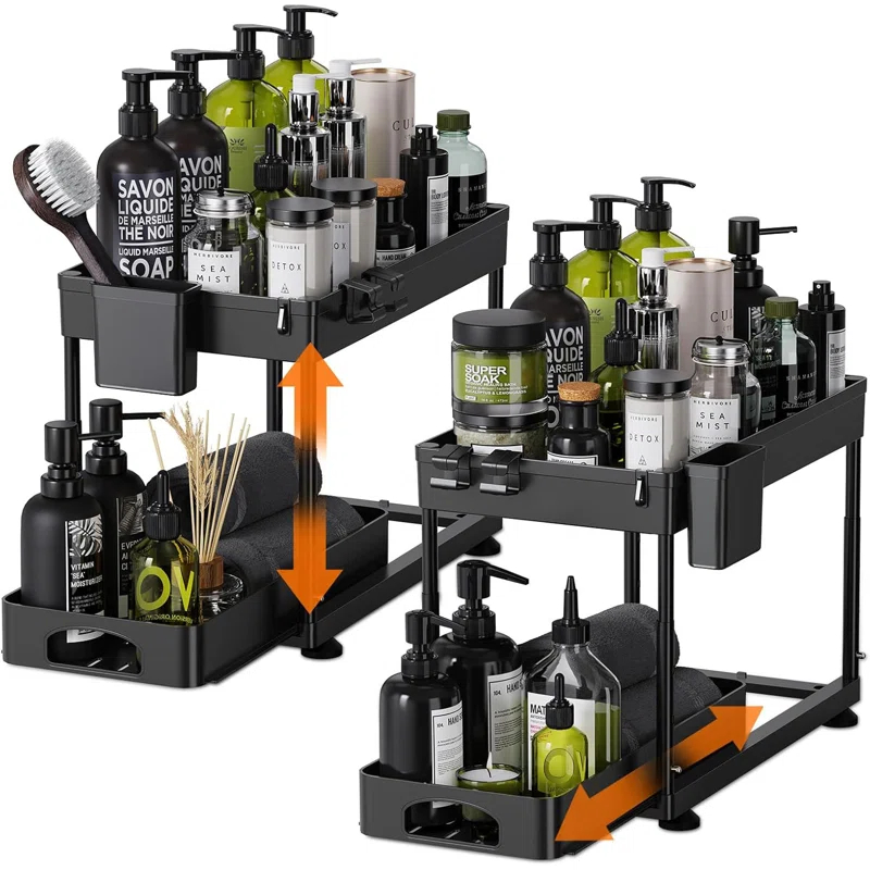 Rebrilliant Under Sink Organizers And Storage, 2 Pack Height Adjustable Bathroom Cabinet Organizer, 2 Tier Sliding Under Sink Organizer, Sturdy Pull Out Bathroom Storage, With 12 Hooks & Hanging Cups, Black