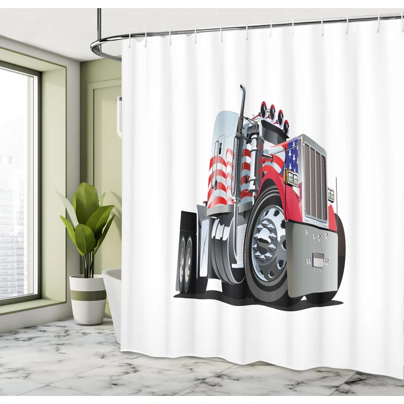East Urban Home East Urban Home Truck Shower Curtain American Flag Motif Hood Red White Blue
