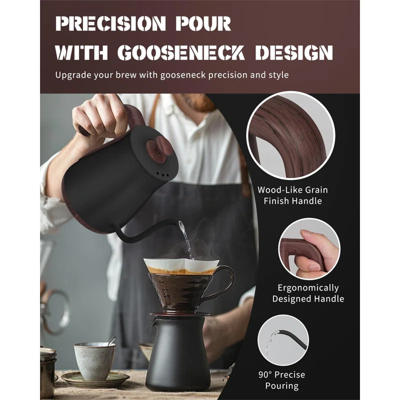 MARLIN MANUFACTURING COMPANY, INCORPORATED Electric Kettle, Electric Gooseneck Kettle With 6 Temperature Control Presets And LED Display, 0.8L/27.05Oz, 0.8Mm Ultra-Fine Spout, 304 Stainless Steel Inner, 1000W Gooseneck Kettle, Matte Black