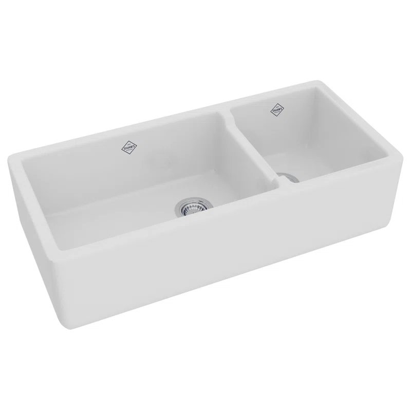 Shaws RC4019WH Lancaster 40" Double Bowl Farmhouse Apron Front Fireclay Kitchen Sink