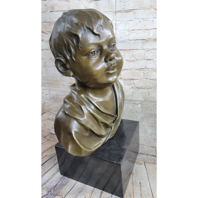 Red Barrel Studio® Bronze Metal Bust Statue Sculpture Of Young Boy Child On Marble Base Signed Original Art