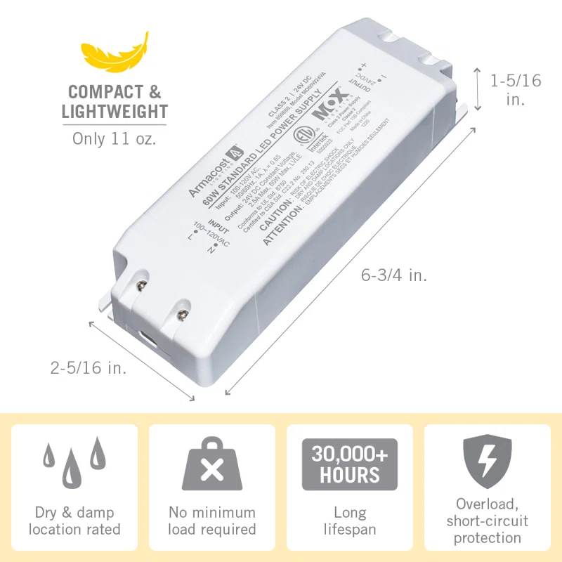 Armacost Lighting 850600 Standard LED Driver 24V DC, Electronic Transformer