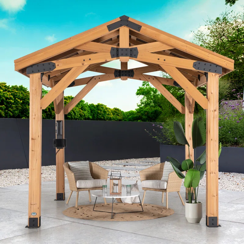 Backyard Discovery Backyard Discovery Norwood 10' x 10' Cedar Wood Outdoor Patio Gazebo with Hardtop Galvanized Steel Peak Roof and PowerPort
