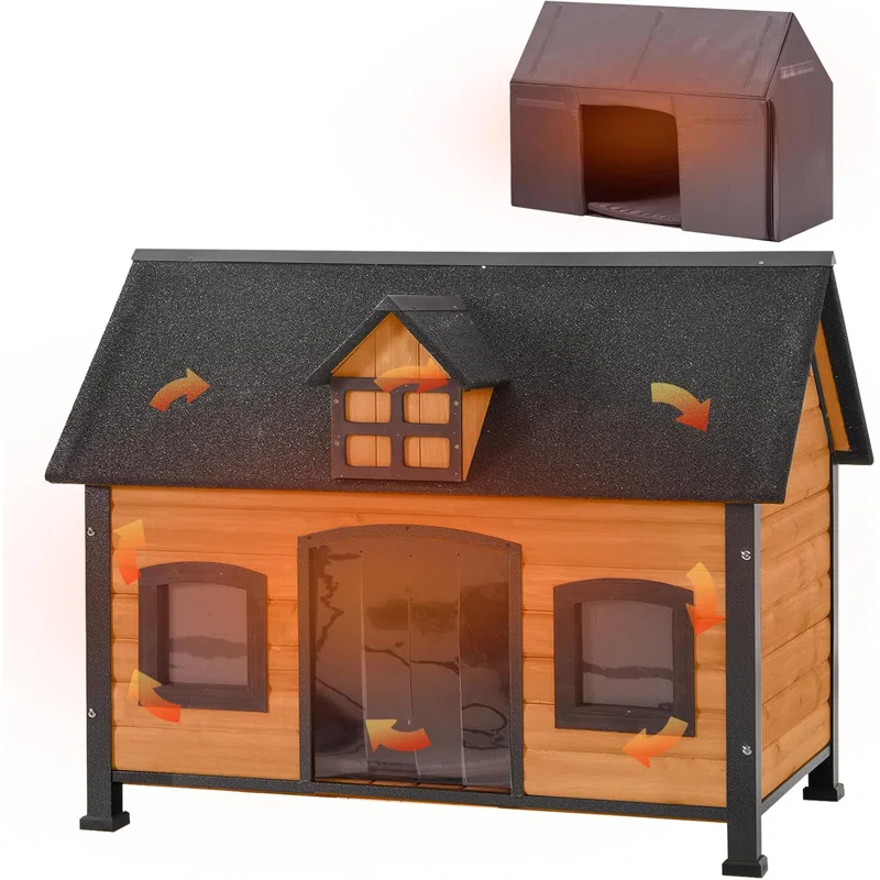 Archie & Oscar™ Lyndhurst Insulated Outdoor Dog House with Insulated Liner, Anti-Chewing Iron Frame Wooden Dog Kennel with Unique Design Roof, Weatherproof Dog House for Outdoor Indoor