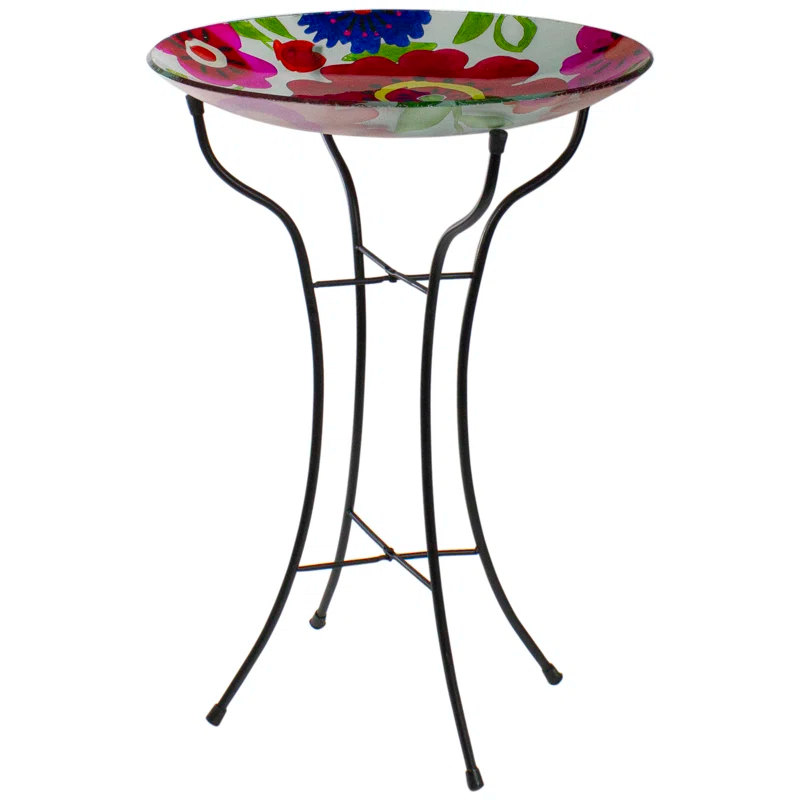 Northlight Seasonal 18" Red and Blue Summer Flowers Hand Painted Glass Outdoor Patio Birdbath