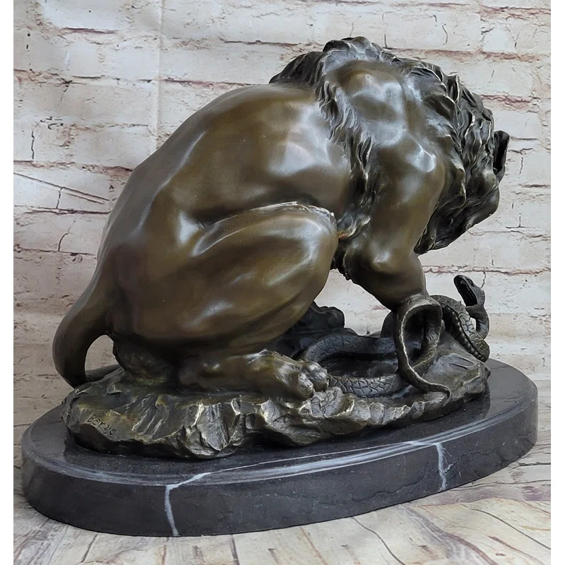 Bungalow Rose Lion Vs. Imitative Snake Bronze Statue Sculpture Figure By Antoine Barye On Marble Base