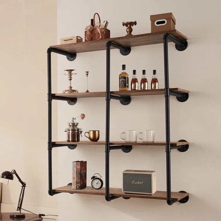 17 Stories Industrial Pipe Shelf 4 Tier 3PCS 11.8in W Wall-Mount Planks NOT Included
