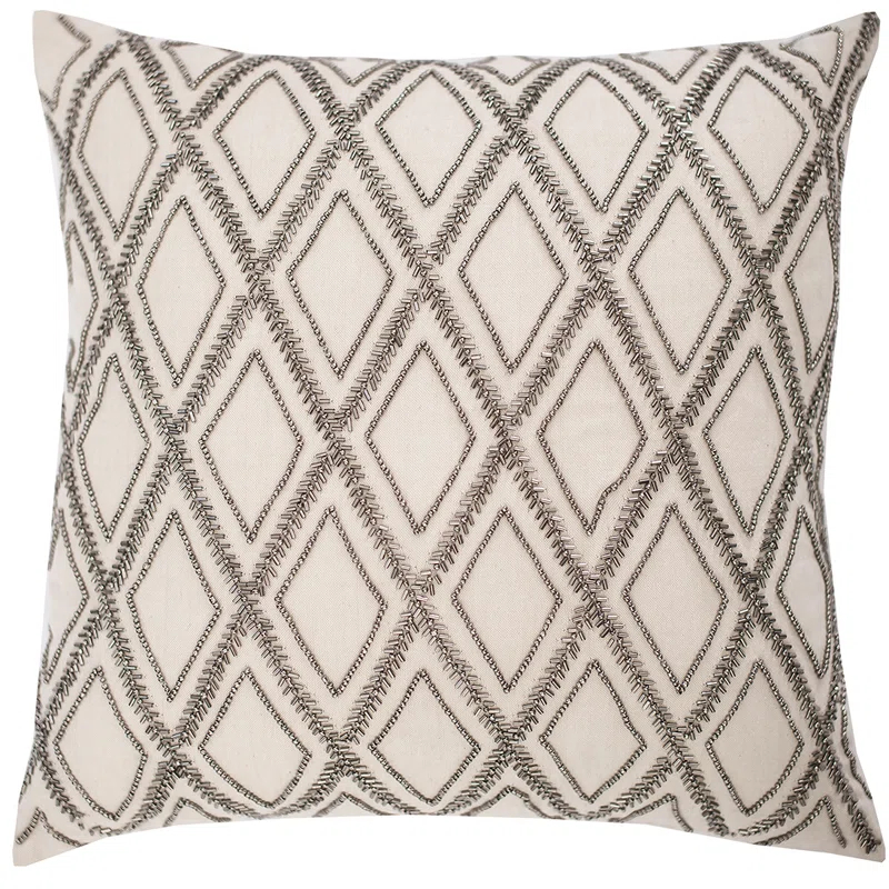 Elisabeth York Geometric Diamond Natural Tan Beaded Cotton Decor Throw Pillow Cover And Insert Set