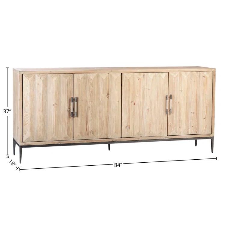 Dovetail Furniture Moura 84" Carved Door Front Reclaimed Pine Sideboard in Light Blond with Iron Legs | Perigold