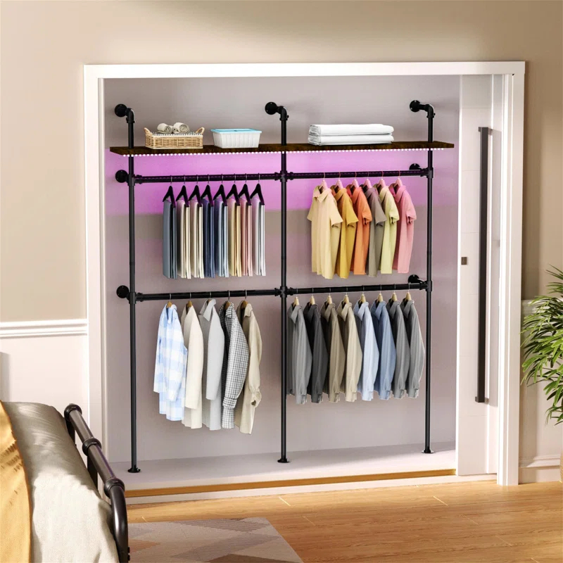 transparent.0 Industrial Pipe Hanger, Wall Mounted Industrial Hanger With LED Light And Shelf, Closet Hanger