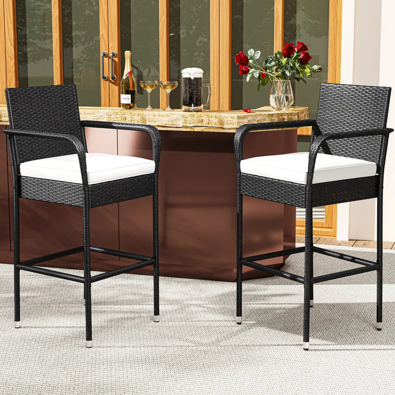 Winston Porter Winston Porter Set Of 2 Patio Wicker Counter Stools Outdoor Bar Height Chairs With Soft Cushions