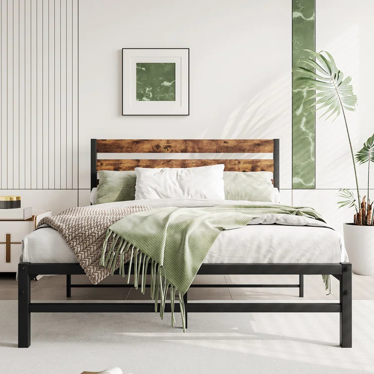 Ebern Designs Doiphode Full Size Platform Bed Frame with Rustic Vintage Wood Headboard,  No Box Spring Needed Rustic Brown
