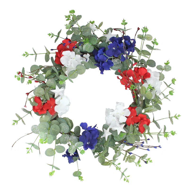 Northlight Seasonal Red white and Blue Hydrangea and Eucalyptus Patriotic Artificial Wreath