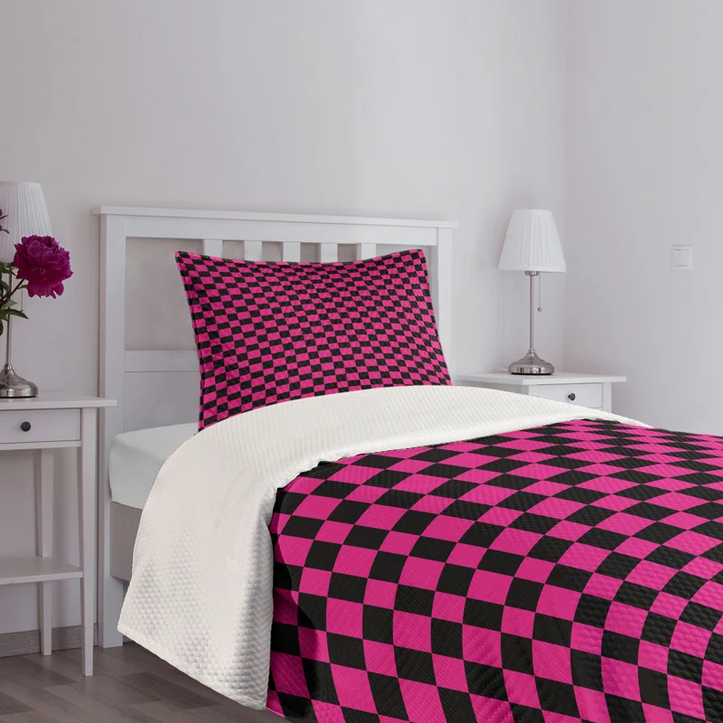 Ambesonne Ambesonne Hot Pink Bedspread Set Gingham Checks Vibrant Magenta Black