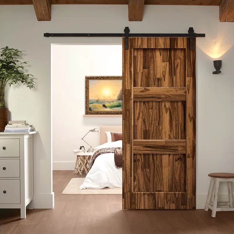 Calhome 3 Panel Shaker Stained Pine Wood Interior Sliding Barn Door with Hardware Kit