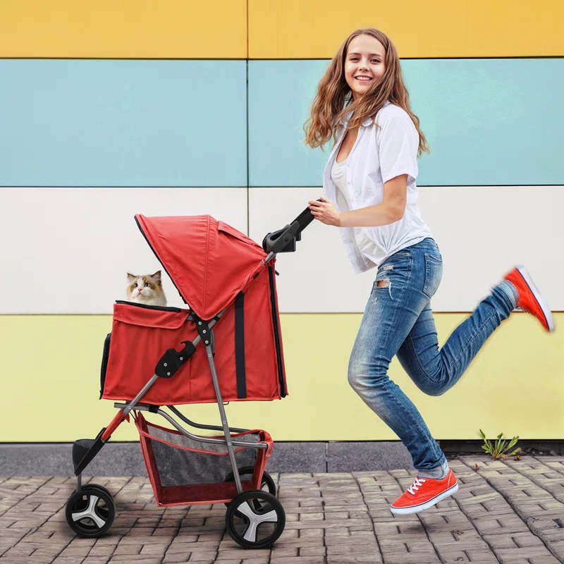 ATCHISON Foldable Pet Stroller, 3 Wheels Folding Carrier Jogger Stroller for Dogs Cats with Canopy and Basket