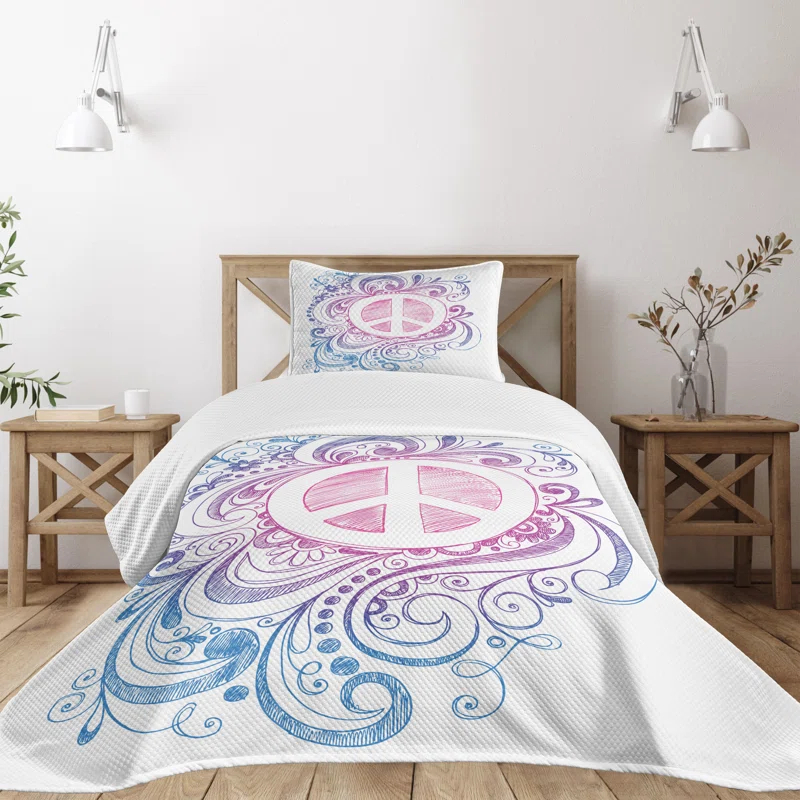 Ambesonne Ambesonne Groovy Bedspread Set Peace Sign and Swirls Pink Blue White