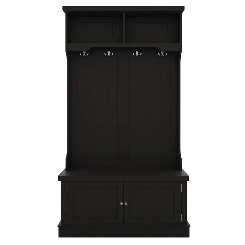 Infinity Hall Tree with Storage Shoe Bench for Entryway and Hallway, 4-in-1 Design Coat Racks with 4 Hooks for Living Room, Black