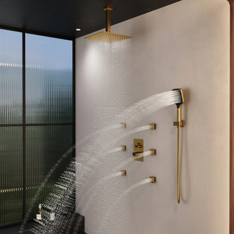 CASAINC CS6221-12BG Revitalize 3-Function 12 Inch Ceiling Mount Rainfall Thermostatic Shower System with 6 Body Jets