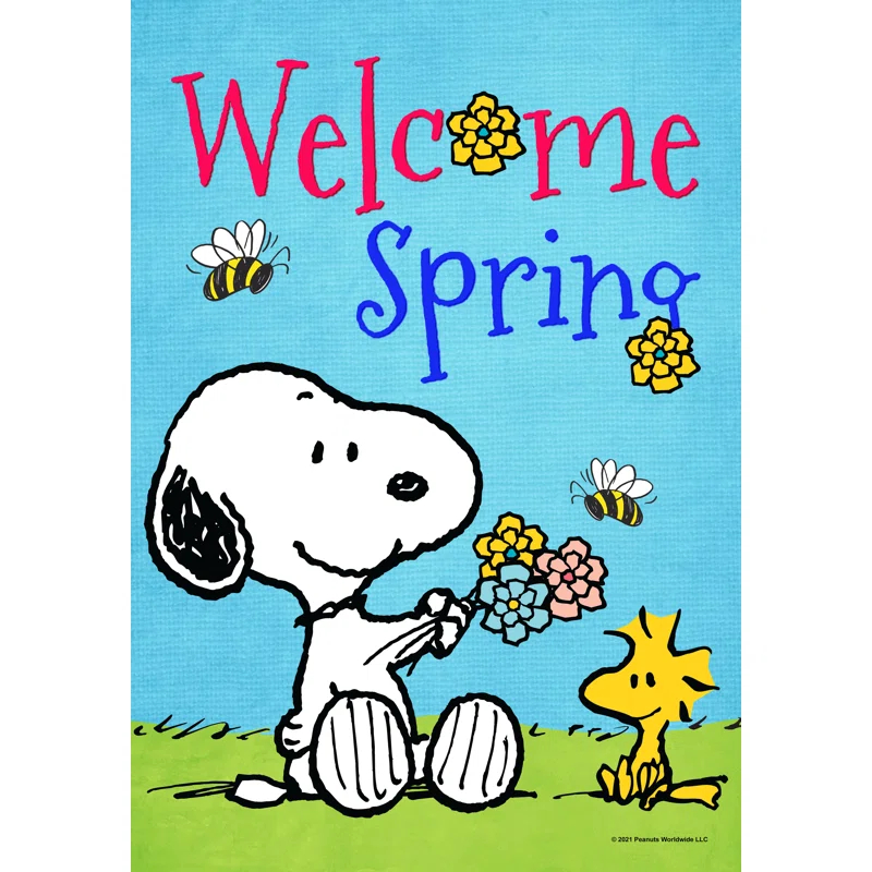 Back Yard Glory PEANUTS Welcome Spring Snoopy and Woodstock Everyday House Flag, 28" x 40", Officially Licensed PEANUTS Product, Flag Stand Sold Separately
