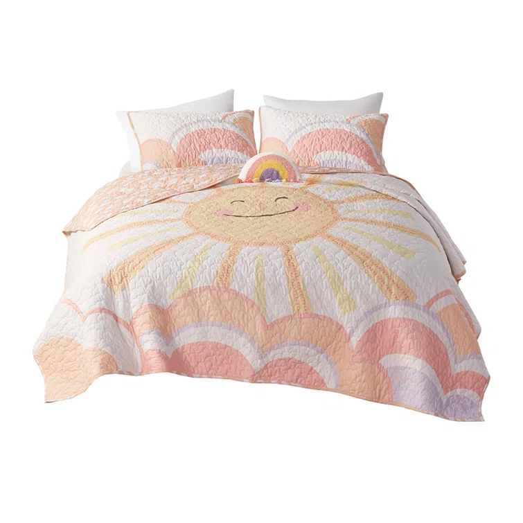 Intelligent Design Kids Dawn Sunshine Clouds Yellow/Coral 100% Cotton Reversible Quilt Set Twin