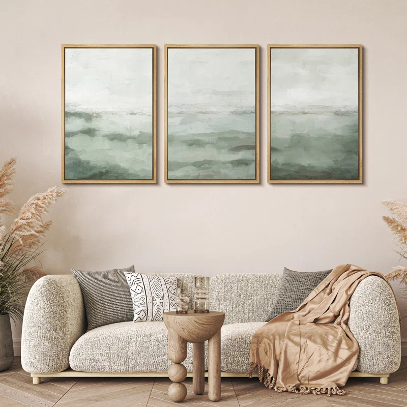 Sage Green Abstract Landscape Modern Organic Minimal Bedroom Framed Canvas Print 3 Pieces Wall Art