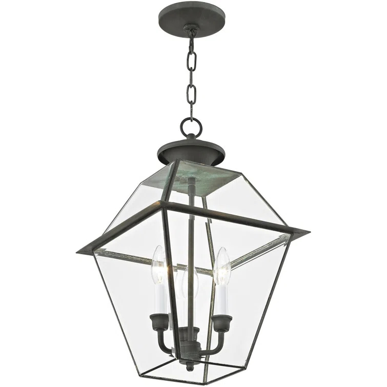 Lighting Lumens 12in 3-Light Outdoor Chain Lantern Pendant with Clear Beveled Glass Shade