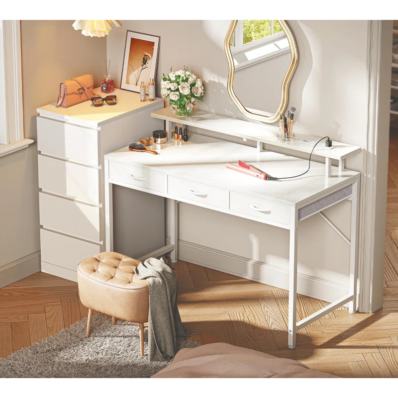 Computer Desk With 3 Drawers, Office Desk Gaming Desk With LED Lights & Power Outlets, Home Office Desks With Storage Space For Bedroom, Work From Home, (47 Inch )